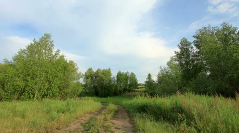 Movement of clouds over the meadow. Syropyatskoe village, Kormilovsky District,  Stock Footage 57538375