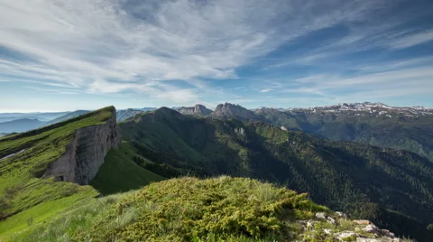 Movement of clouds over the summer slopes of Caucasus Mountains Video stock 67267994
