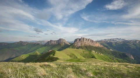 Movement of clouds over the summer slopes of Caucasus Mountains 스톡 동영상 67282506