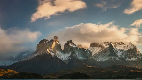 The movement of clouds over the towers of Cuernos. Parque Torres del Paine Stock-Footage 75821929