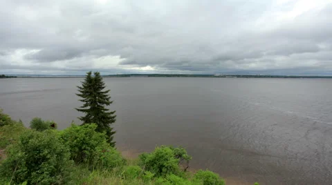 Movement of clouds on the river Chusovaya. Cape Strelka, Gorodishche Village, Stock Footage 56992996