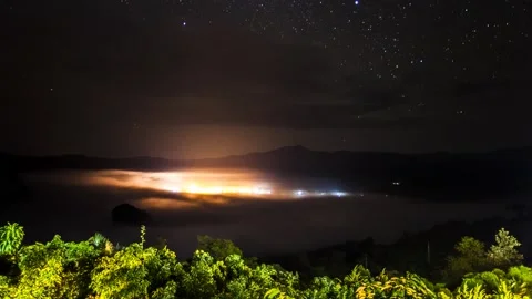 A movement cloudy and star on top  of mountain at night time in winter season Stock Footage 133118274