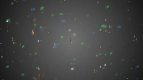 The movement of economic particles. depth of field . bitcoin and dollar icons Stock Footage 87209098