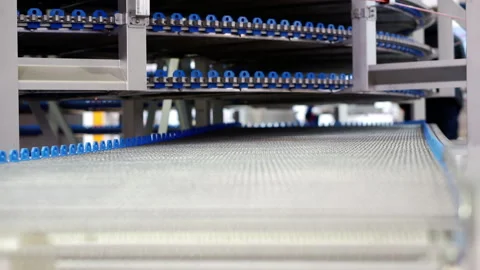 The movement of an empty conveyor line for the production of bakery products. Stock Footage 151109066