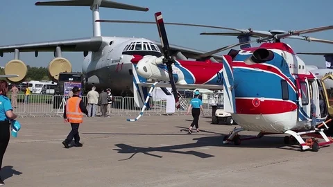 Movement of the helicopter by URAL at the exhibition Stock Footage 115028461
