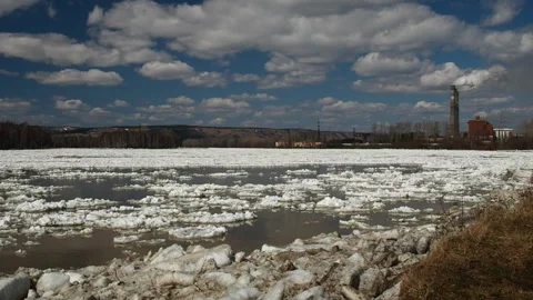 The movement of ice floes on the river during an ice drift in the spring. Stock Footage 88537641