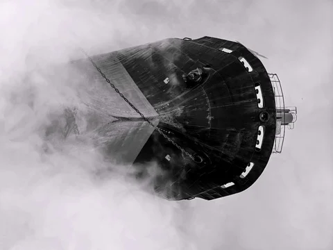 Movement of a large ship on the sea through fog and clouds Stock Footage 123248728