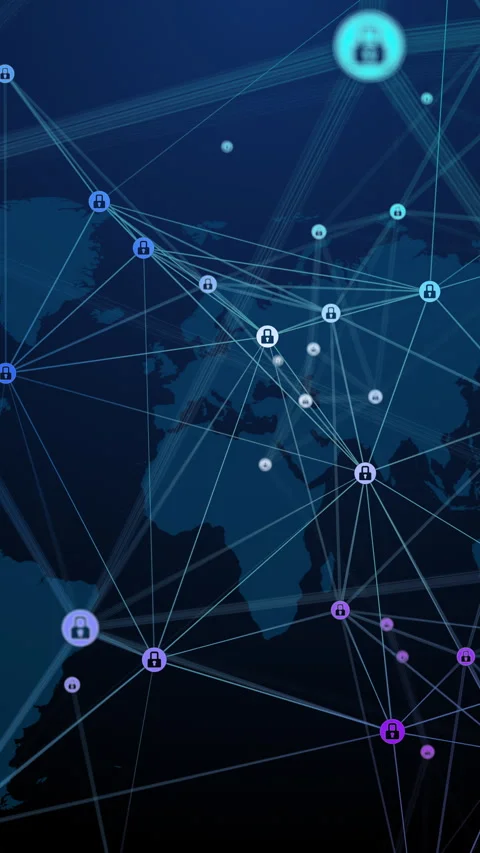 Movement of lock icons in circles connected by plexus lines. Loop animation Video stock 307218972