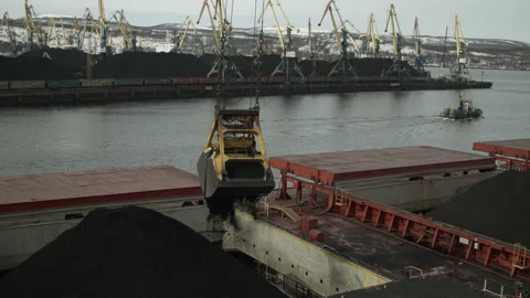 Movement, opening and unloading of port crane bucket. Operations with bulk coal Stock Footage 205229819