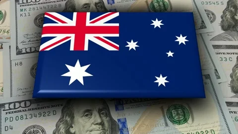 Movement Over Flag of Australia and 100 Dollar Bills, Exclusive Stock Footage 302352111