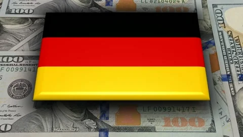 Movement Over Flag of Germany and 100 Dollar Bills, Exclusive Stock Footage 302352321