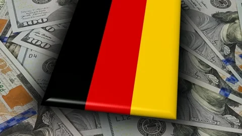Movement Over Flag of Germany and 100 Dollar Bills, Looped Stock Footage 302352332