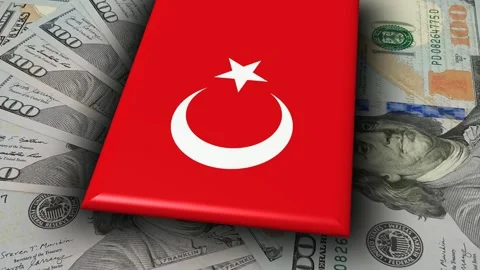 Movement Over Flag of Turkey and 100 Dollar Bills, Looped Stock Footage 302352182