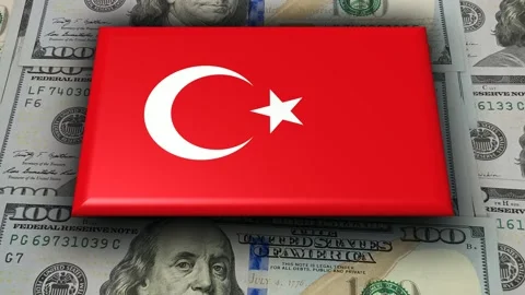 Movement Over Flag of Turkey and 100 Dollar Bills, Exclusive Stock Footage 302352185