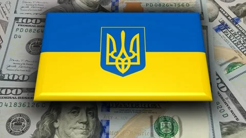 Movement Over Flag of Ukraine and 100 Dollar Bills, Exclusive Stock Footage 302352359