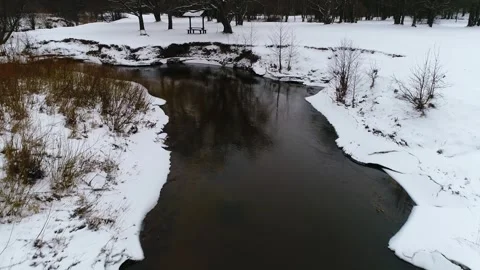 Movement over a narrow river in winter 2 Stock Footage 265587754