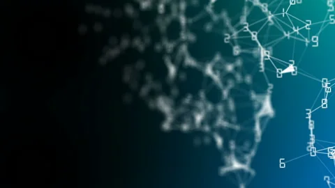 Movement of related particles. Work blockchain. White numbers. Plexus business Stock Footage 88677555