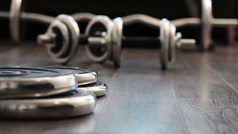 The movement of the slider: dumbbells for fitness Stock Footage