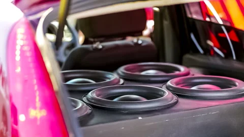 The movement of subwoofer speakers in the car Stock Footage 120424596