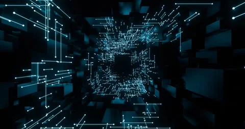 Movement through an abstract digital tunnel consisting of lines and dots Stockbeeldmateriaal 280849062