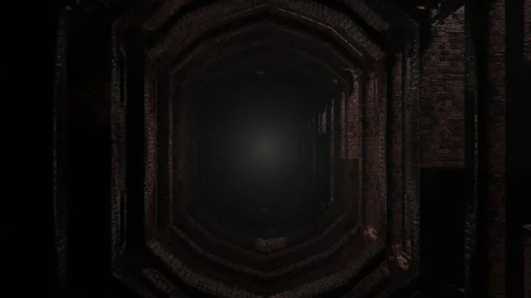 Movement through an abstract tunnel made of bricks and columns. Looping animated Video stock 255628241