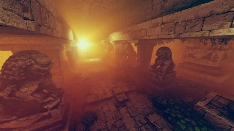 Movement through an ancient dungeon among stone sculptures Stock-Footage 243511729