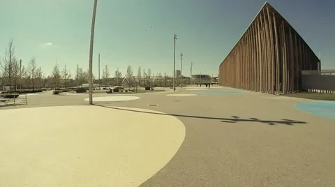 Movement through the big open space in futuristic urban city park 스톡 동영상 49057637