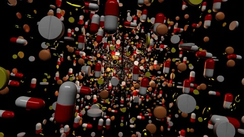 Movement through different tablets and pills on a black background. looped abstr Video stock 255927221