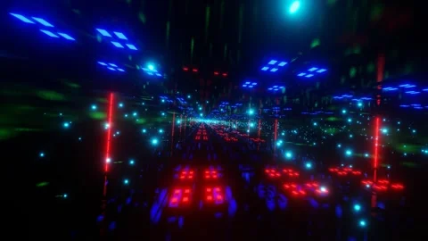 Movement through an endless dark tunnel with blue particles. red and blue glow.  Stock Footage 255628219