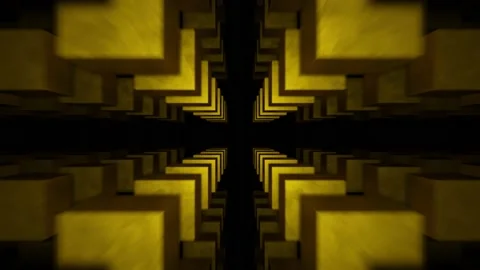 Movement through a tunnel of yellow cubes Rotation and distortion Stock Footage 154713007