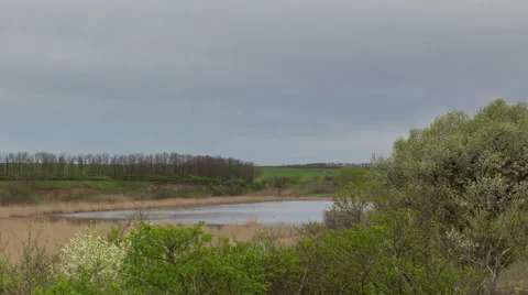 The movement of the thunderclouds over the fields of winter wheat Stock Footage 67869676