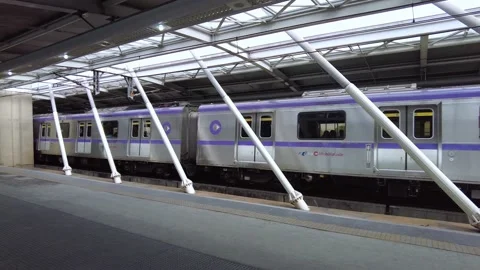 Movement of trains and passengers in platform of Santo Amaro subway station, Stock Footage 148899516