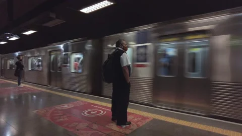 Movement of trains and passengers in platform of subway station Stock Footage 197584127