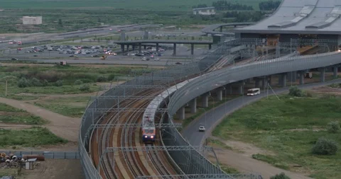 The movement of trains by railways at beautiful sunset. Astana, Kazakhstan. Stock Footage 101934061
