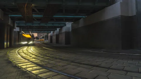 The movement of trams on the bend of the road, time lapse Stock Footage 92214741