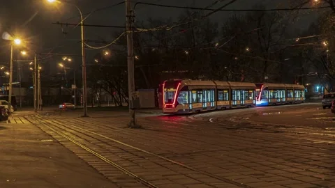 The movement of trams at the Terminus, the tram circle, time lapse Stock Footage 142735172