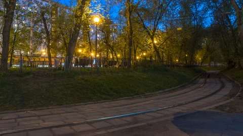 Movement of trams on the tram circle, time lapse Stock Footage 89659097