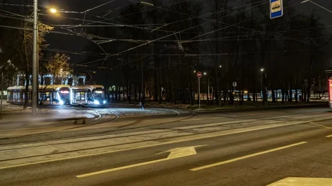 Movement of trams on the tram circle, time lapse Stock Footage 144400518