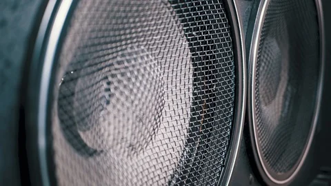 The Movement of the Vintage Paper Membrane of Acoustic Subwoofer Speaker. Bass Stock Footage