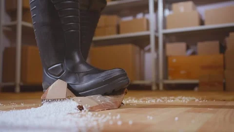 Mover or the warehouse worker steps on the parcel, the package is damaged Stock Footage 270709734
