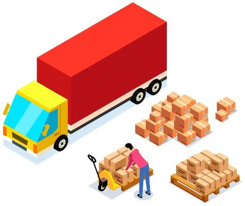 Mover puts boxes with parcels into wagon. Loading car before shipping. China Illustrazione stock