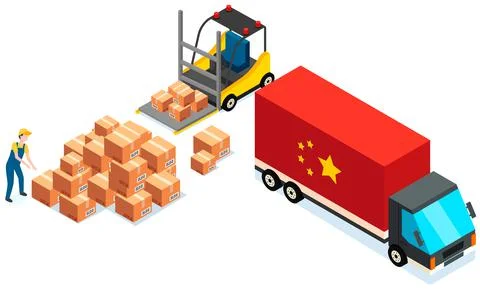 Mover puts boxes with parcels into wagon. Loading car before shipping. China Illustrazione stock