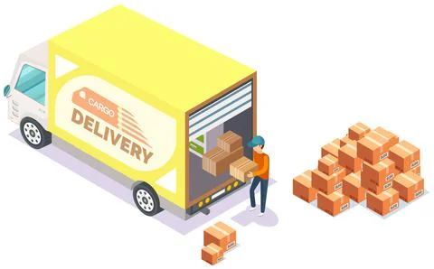 Mover puts boxes with parcels into wagon. Loading car before shipping. China Illustrazione stock