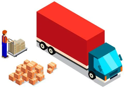 Mover puts boxes with parcels into wagon. Loading car before shipping. China Illustrazione stock