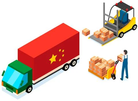 Mover puts boxes with parcels into wagon. Loading car before shipping. China Illustrazione stock