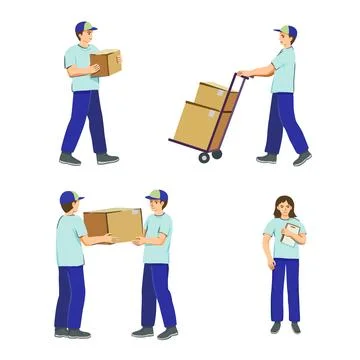 Movers and delivery workers carrying boxes. Loaders with parcels, pallet with Stock-Illustration