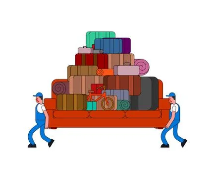 Movers and sofa and Many box. Porters carry couch and boxes. Delivery service Stock Illustration