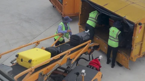 Movers are sent to baggage on the plane. Vídeo Stock 128281432