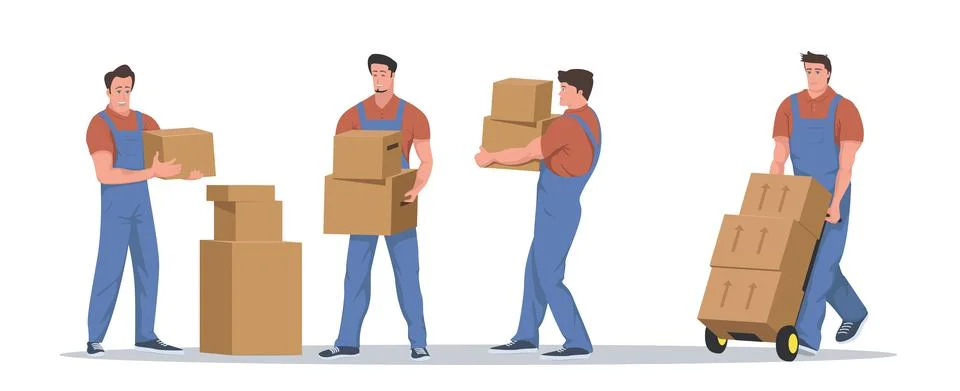 Movers with cardboard boxes in red t-shirts and blue overalls stand full-leng Stock Illustration