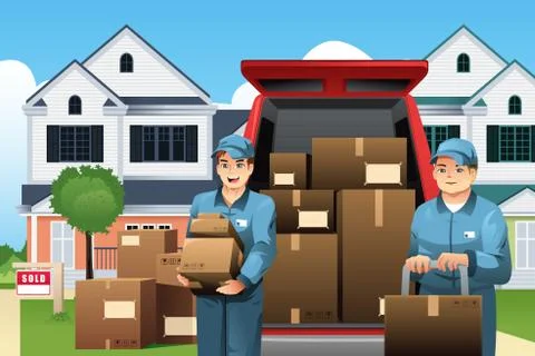 Movers carrying boxes Stock Illustration